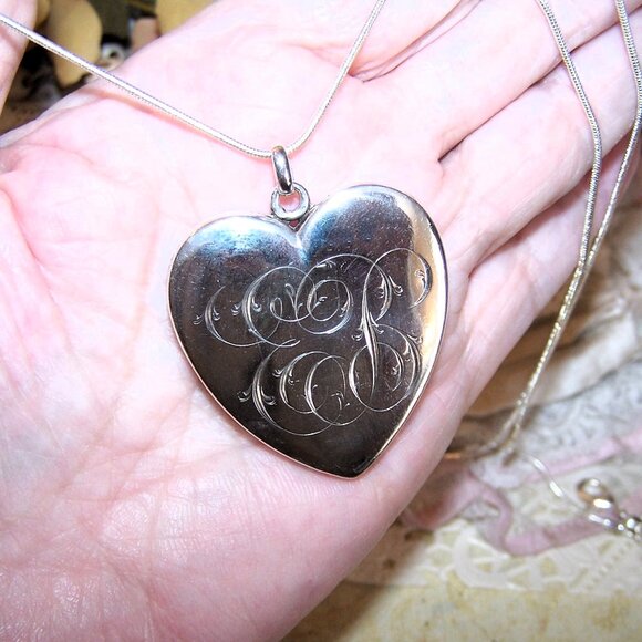 Large Sterling Silver Heart Locket Pendant - Engraved E.B. Front - Picture 1 of 6